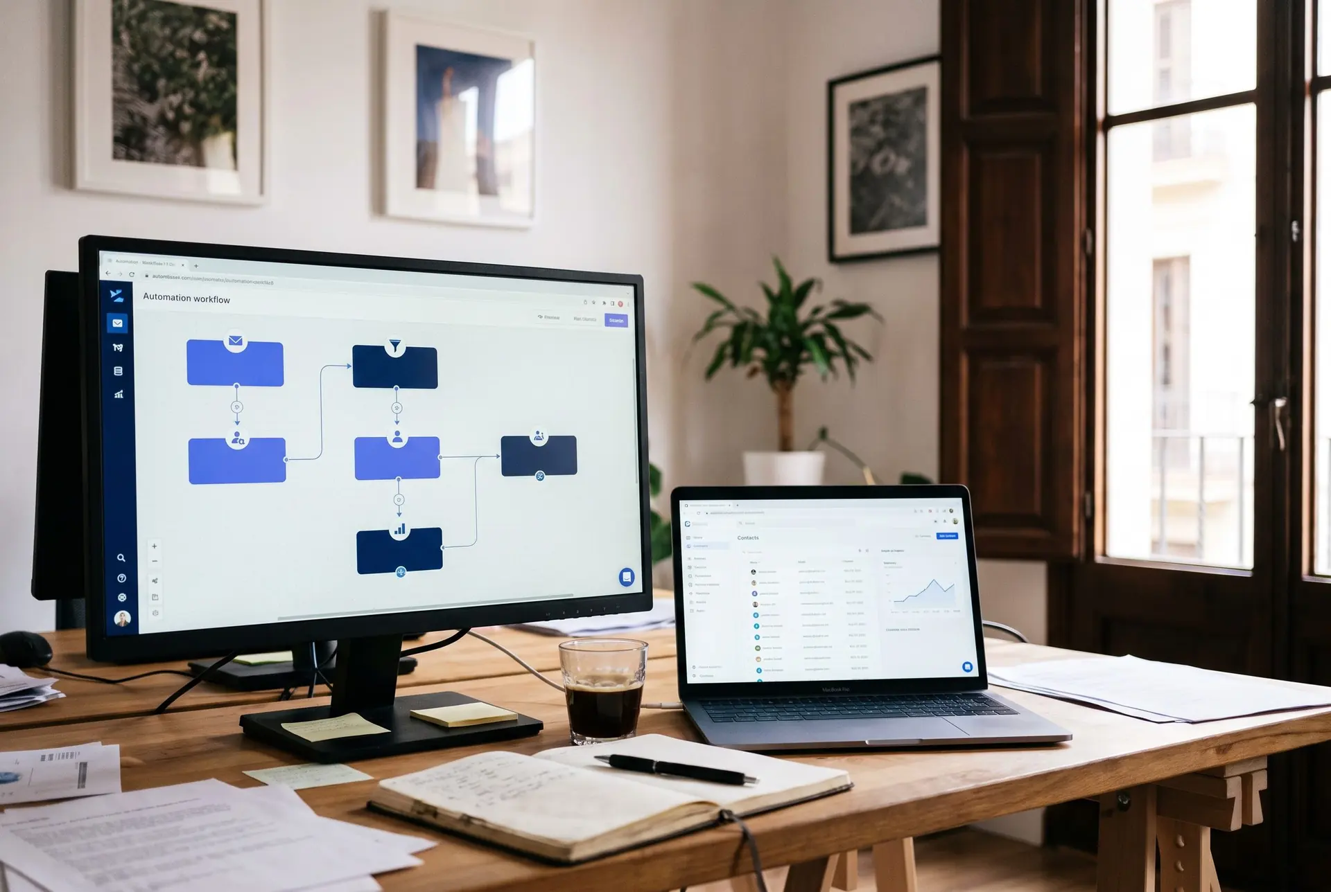 Monitor con un esquema de flujos y un portátil con datos de contactos sobre una mesa de madera, junto a un cuaderno abierto y un café