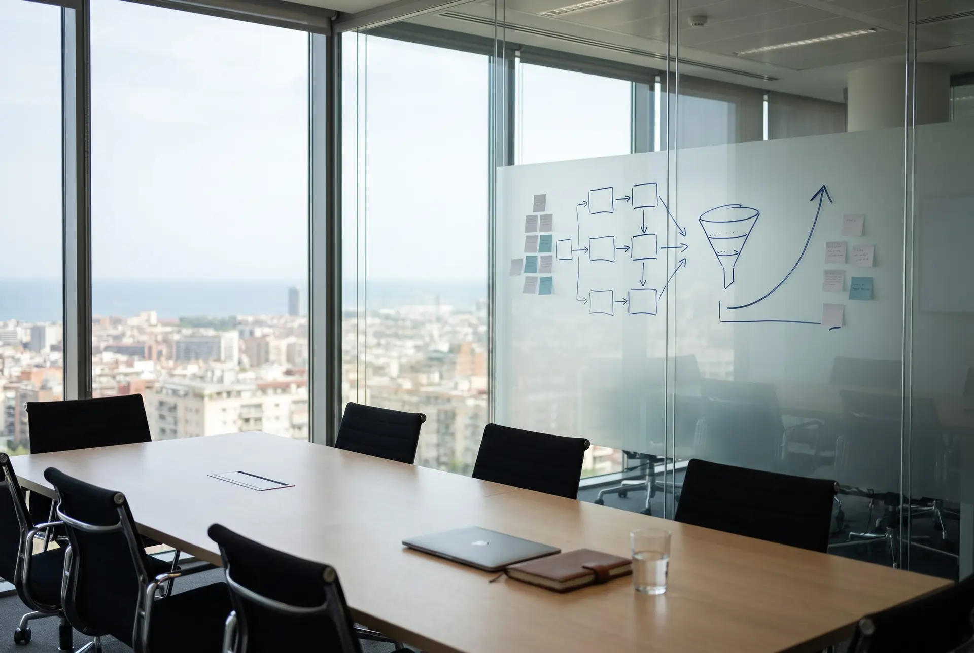Sala de reuniones con vistas a Barcelona y al mar, con un esquema de estrategia, un embudo y una curva dibujados en la pared de cristal